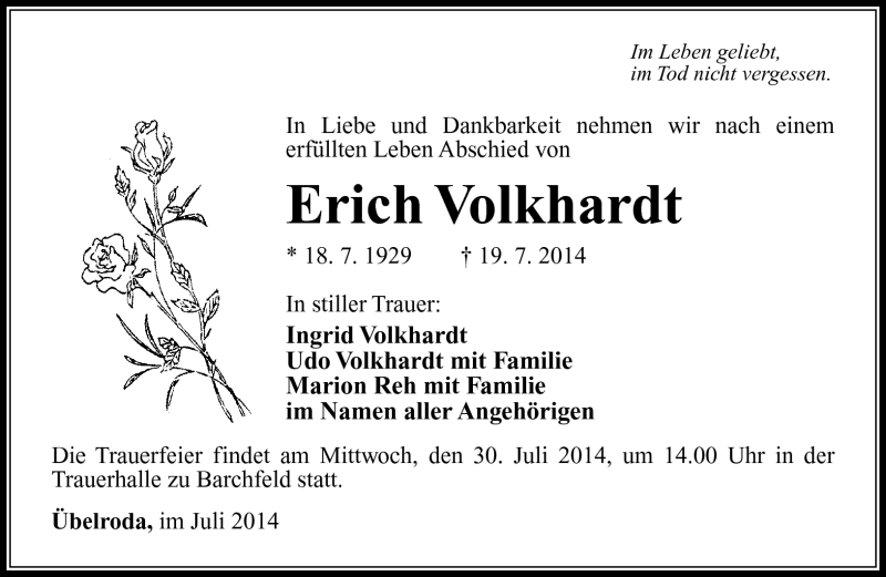  Traueranzeige für Erich Volkhardt vom 26.07.2014 aus Südthüringer Presse