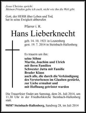 Traueranzeige von Hans Lieberknecht von Südthüringer Presse