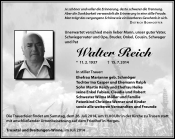Traueranzeige von Walter Reich von Südthüringer Presse