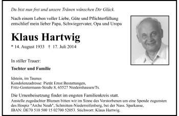 Traueranzeige von Klaus Hartwig von Südthüringer Presse