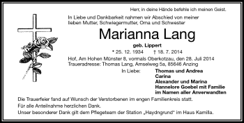 Traueranzeige von Marianna Lang von Frankenpost