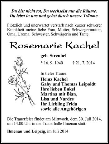 Traueranzeige von Rosemarie Kachel von Südthüringer Presse