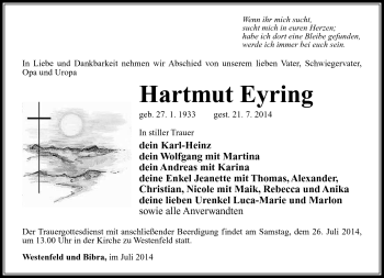 Traueranzeige von Hartmut Eyring von Südthüringer Presse