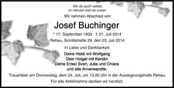 Traueranzeige von Josef Buchinger von Frankenpost