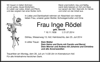 Traueranzeige von Inge Rödel von Frankenpost