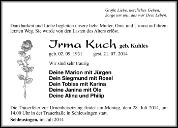 Traueranzeige von Irma Kuch von Südthüringer Presse