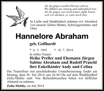 Traueranzeige von hannelore Abraham von Südthüringer Presse