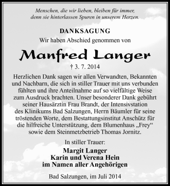 Traueranzeige von Manfred Langer von Südthüringer Presse