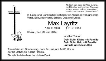 Traueranzeige von Max Layritz von Frankenpost