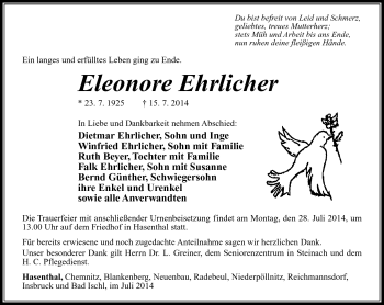 Traueranzeige von Eleonore Ehrlicher von Südthüringer Presse
