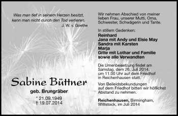 Traueranzeige von Sabine Büttner von Südthüringer Presse