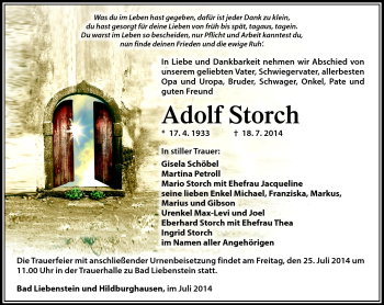 Traueranzeige von Adolf Storch von Südthüringer Presse