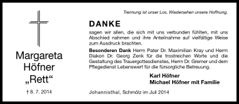 Traueranzeige von Margareta Höfner von Neue Presse Coburg
