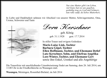 Traueranzeige von Dora Kerschner von Südthüringer Presse