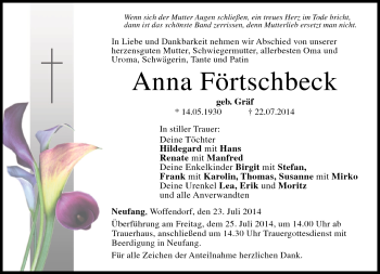 Traueranzeige von Anna Förtschbeck von Neue Presse Coburg
