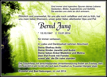 Traueranzeige von Bernd Jung von Südthüringer Presse