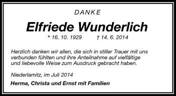 Traueranzeige von Elfriede Wunderlich von Frankenpost
