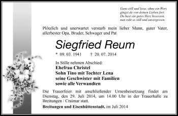 Traueranzeige von Siegfried reum von Südthüringer Presse