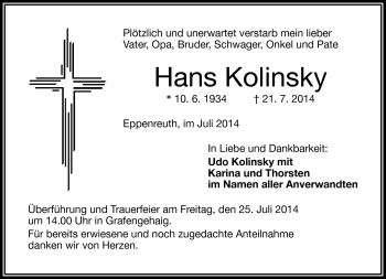 Traueranzeige von Hans Kolinsky von Frankenpost