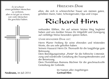 Traueranzeige von Richard Hirn von Südthüringer Presse