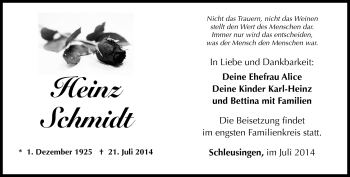 Traueranzeige von Heinz Schmidt von Südthüringer Presse