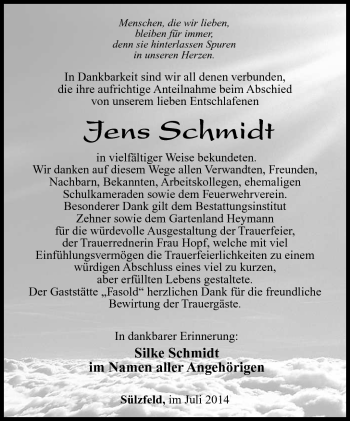 Traueranzeige von Jens Schmidt von Südthüringer Presse