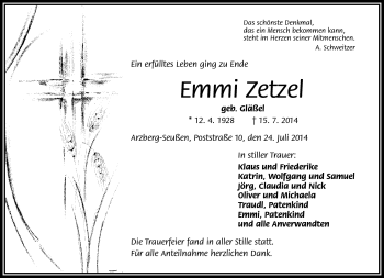 Traueranzeige von Emmi Zetzel von Frankenpost