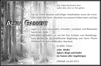 Traueranzeige von Albin Gassert von Südthüringer Presse