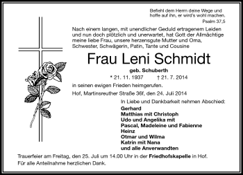 Traueranzeige von Leni Schmidt von Frankenpost