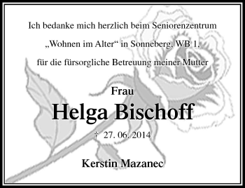 Traueranzeige von Helga Bischoff von Südthüringer Presse