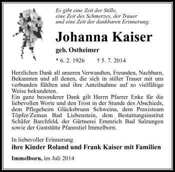 Traueranzeige von Johanna Kaiser von Südthüringer Presse