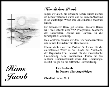 Traueranzeige von Hans Jacob von Südthüringer Presse