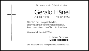 Traueranzeige von Gerald Hänel von Frankenpost