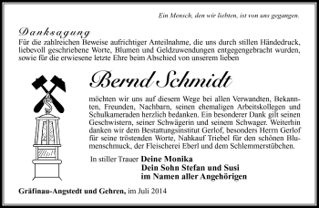 Traueranzeige von Bernd Schmidt von Südthüringer Presse
