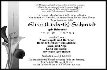 Traueranzeige von Elise Schmidt von Südthüringer Presse
