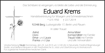 Traueranzeige von Eduard Krems von Frankenpost