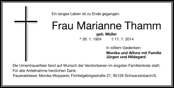 Traueranzeige von Marianne Thamm von Frankenpost