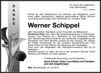 Traueranzeige von Werner Schippel von Südthüringer Presse