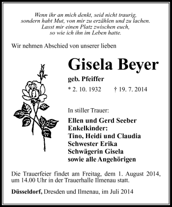 Traueranzeige von Gisela Beyer von Südthüringer Presse