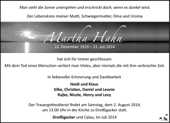 Traueranzeige von Martha Hahn von Südthüringer Presse