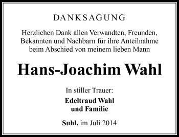 Traueranzeige von Hans-Joachim Wahl von Südthüringer Presse