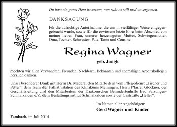 Traueranzeige von Regina Wagner von Südthüringer Presse
