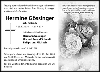 Traueranzeige von Hermine Gössinger von Neue Presse Coburg