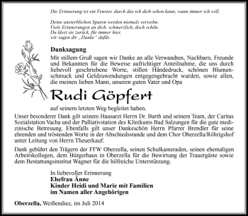 Traueranzeige von Göpfert Rudi von Südthüringer Presse