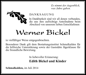 Traueranzeige von Werner Bickel von Südthüringer Presse