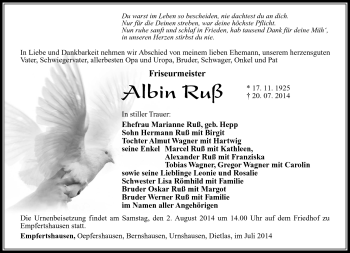 Traueranzeige von Albin Ruß von Südthüringer Presse