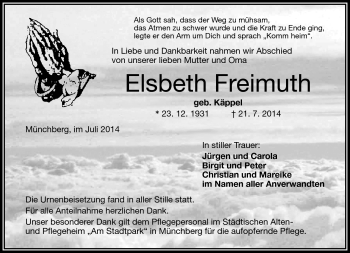 Traueranzeige von Elsbeth Freimuth von Frankenpost