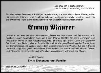 Traueranzeige von Emmy Mäurer von Südthüringer Presse