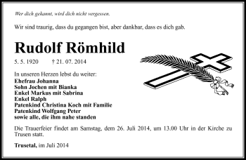 Traueranzeige von Rudolf Römhild von Südthüringer Presse