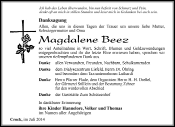 Traueranzeige von Magdalene Beez von Südthüringer Presse